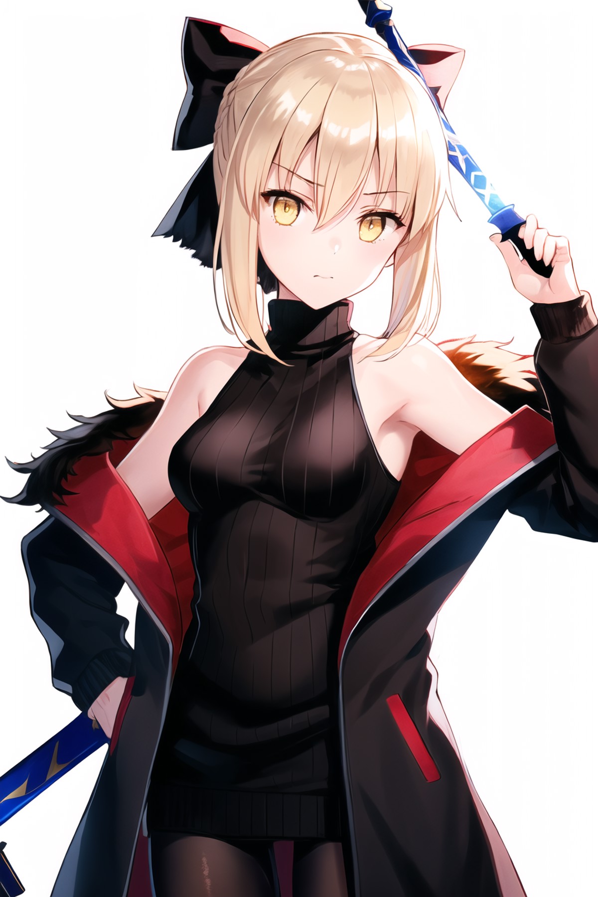 masterpiece, best quality,1girl, food, saber alter, solo, artoria pendragon \(fate\), blonde hair, holding excalibur morga...